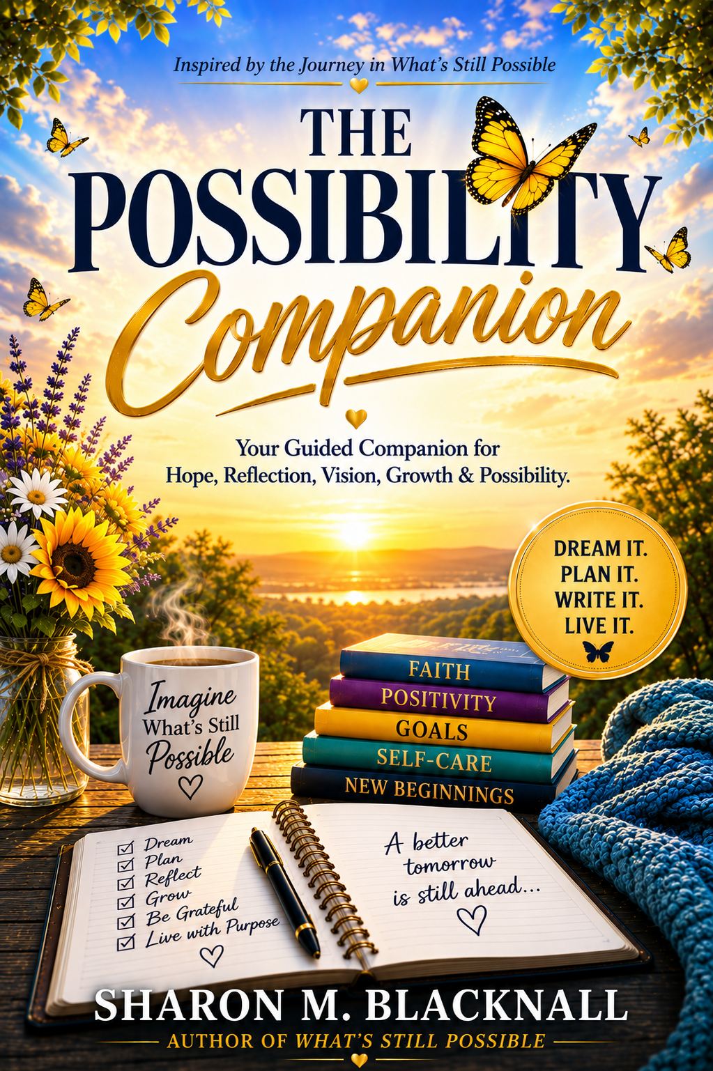 The Possibility Companion book cover — journal, coffee and butterflies at sunrise